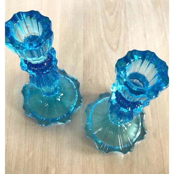 John Lewis Boho Blue Glass Candleholder Set of 2 Vintage Style Candlestick 15cm - Picture 3 of 11